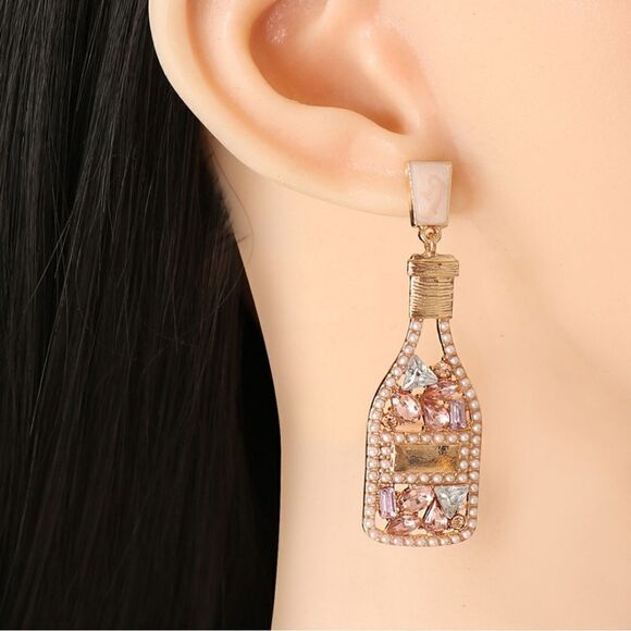 #ck1 CHAMPAGNE BOTTLE COCKTAIL DANGLE EARRINGS - Picture 2 of 8
